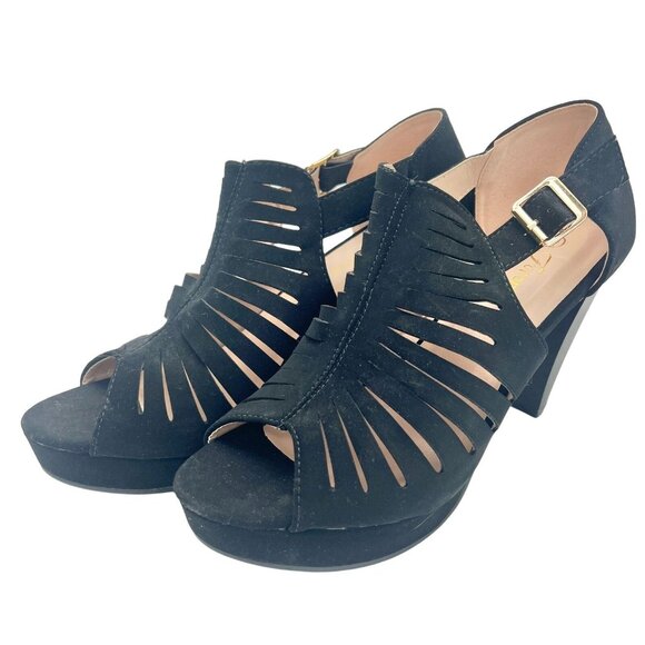Forever Black Suede Strappy Platform Sandals 4 in with Gold Buckles Size 9 - Picture 1 of 5